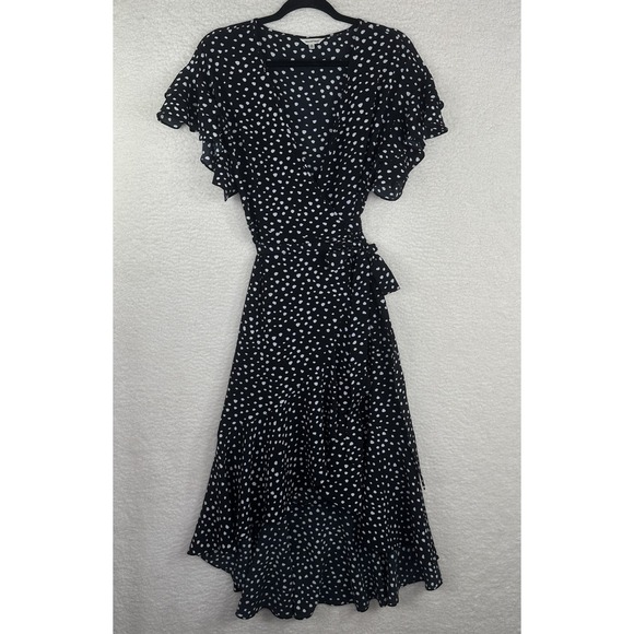 Max Studio Dress Womens Small Black White Polka Dot Ruffle Flutter Wrap Midi - Picture 3 of 11